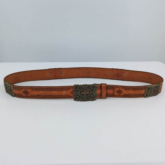 Fossil Accessories - Fossil Belt L 40in Brown Gold Tooled Genuine Leather Metal Buckle Accent Adjusts